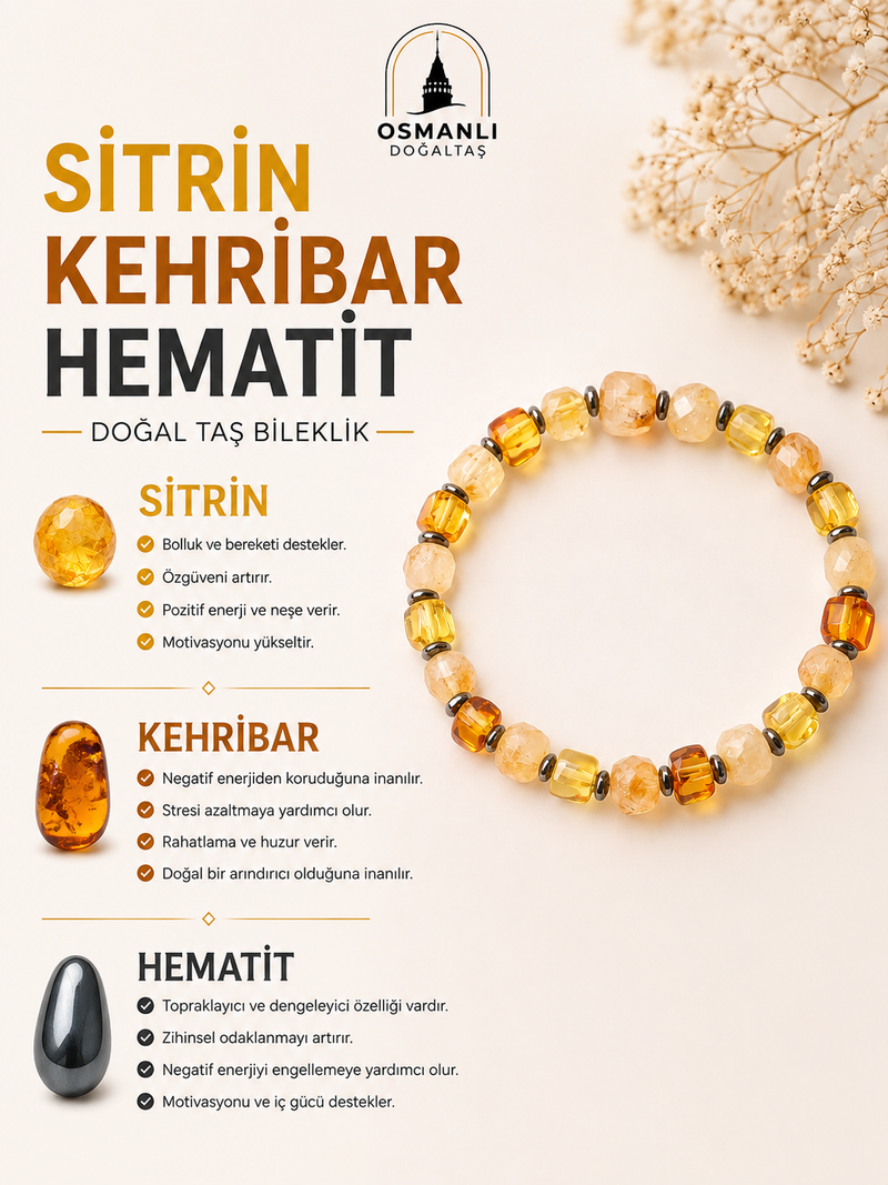 Sitrin - Kehribar - Hematit Doğal Taş Bileklik