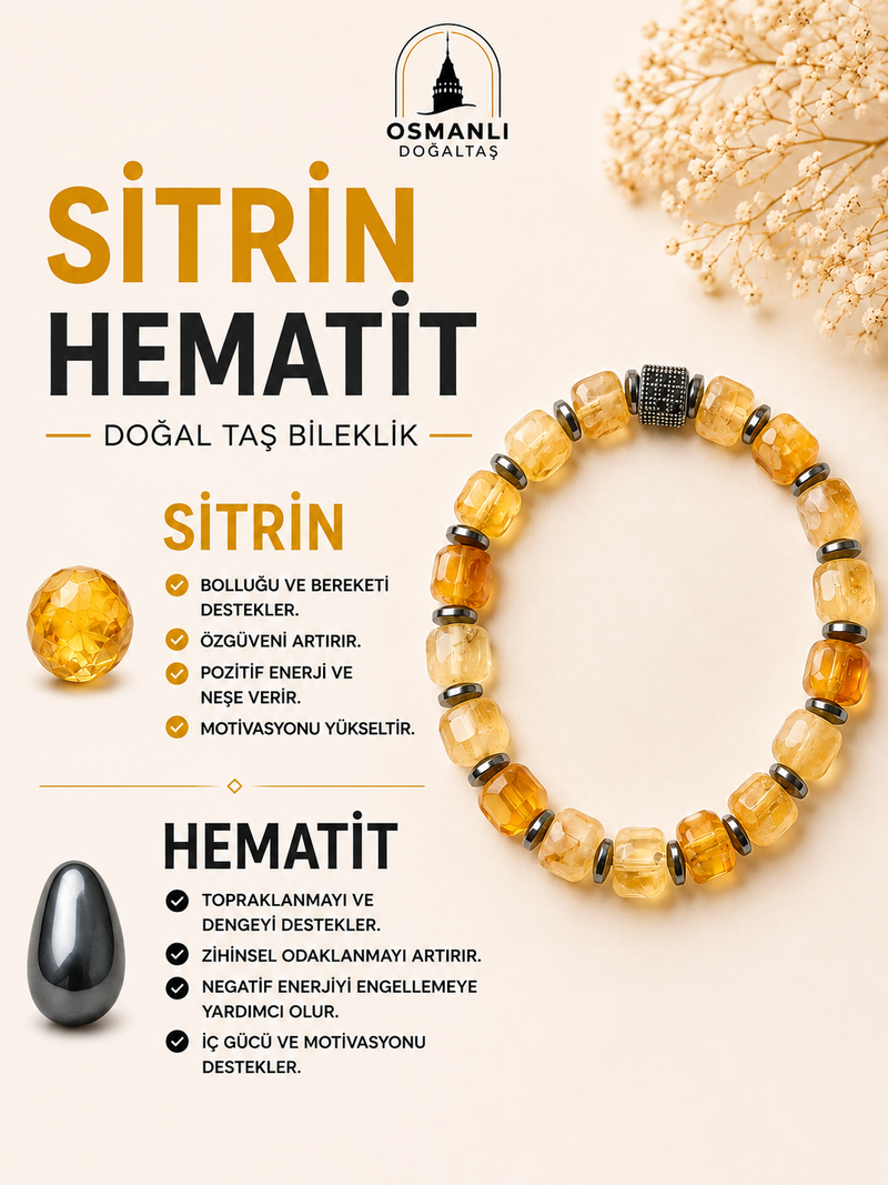 Sitrin - Hematit Doğal Taş Zirkon Aparatlı Bileklik