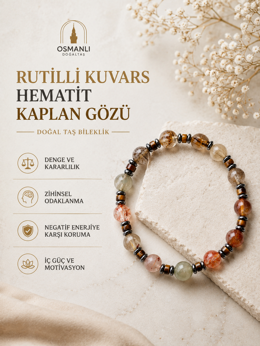 Rutilli Kuvars - Hematit - Kaplan Gözü Bileklik 8 mm