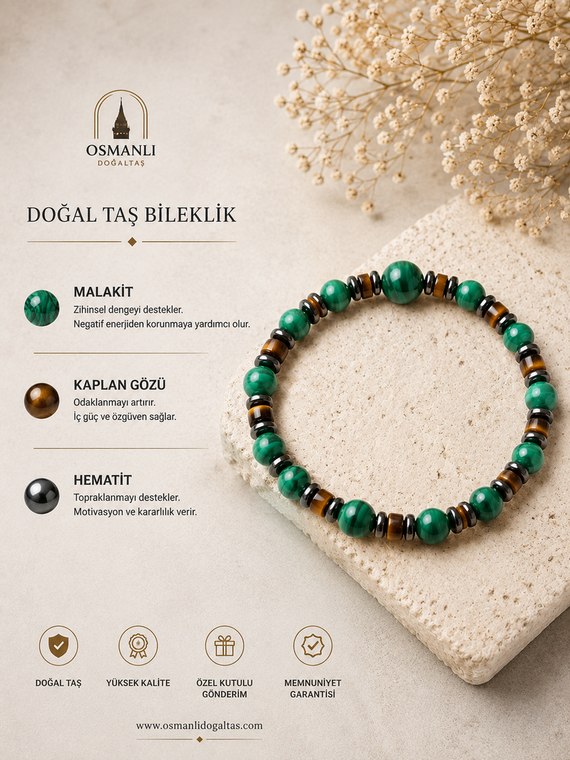 Malakit - Kaplan Gözü - Hematit Doğal Taş Bileklik