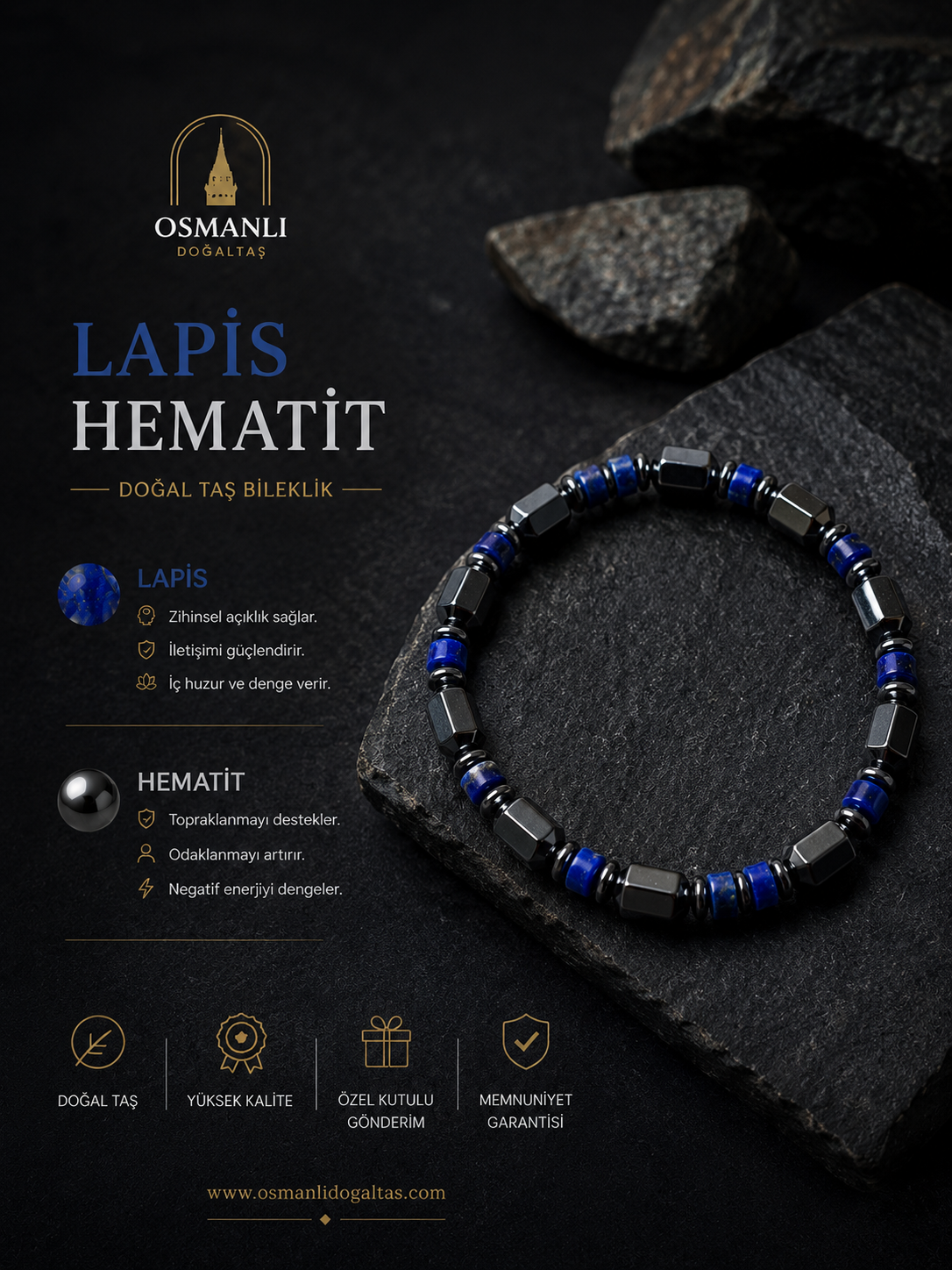 Lapis - Hematit Doğal Taş Bileklik