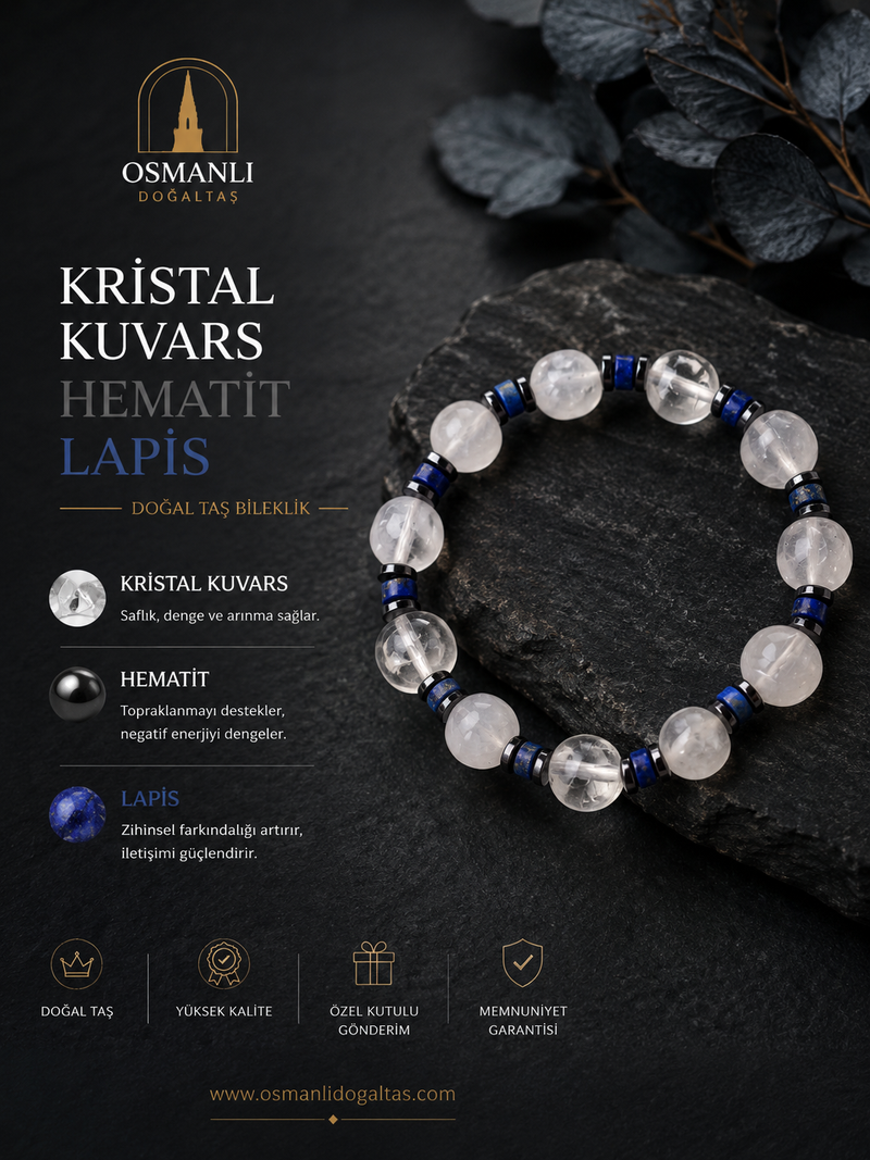 Kristal Kuvars - Hematit - Lapis Doğal Taş Bileklik