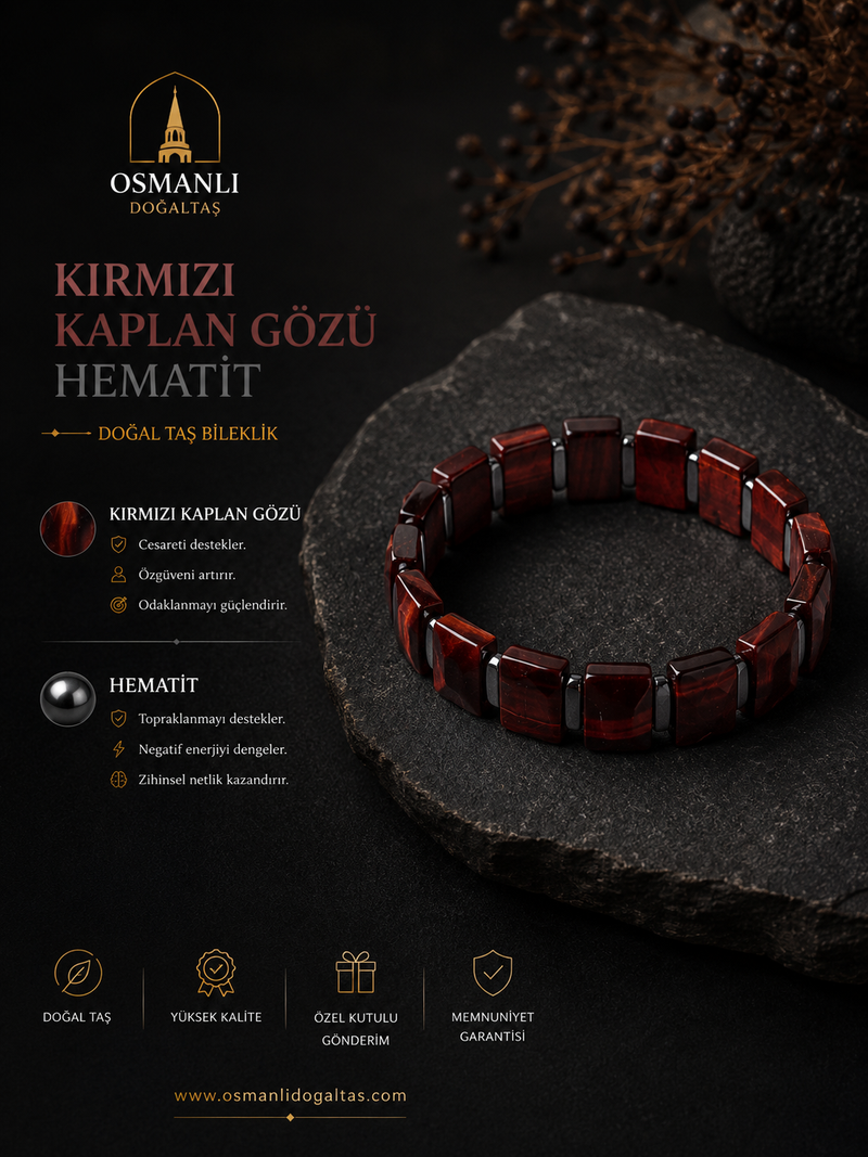 Kırmızı Kaplan Gözü - Hematit Doğal Taş Geniş Kesim Bileklik