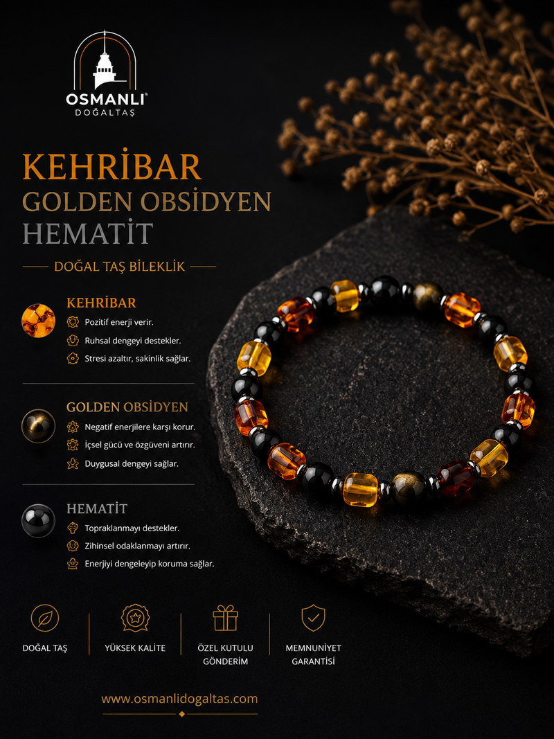 Kehribar - Golden Obsidyen - Hematit  Doğal Taş Bileklik