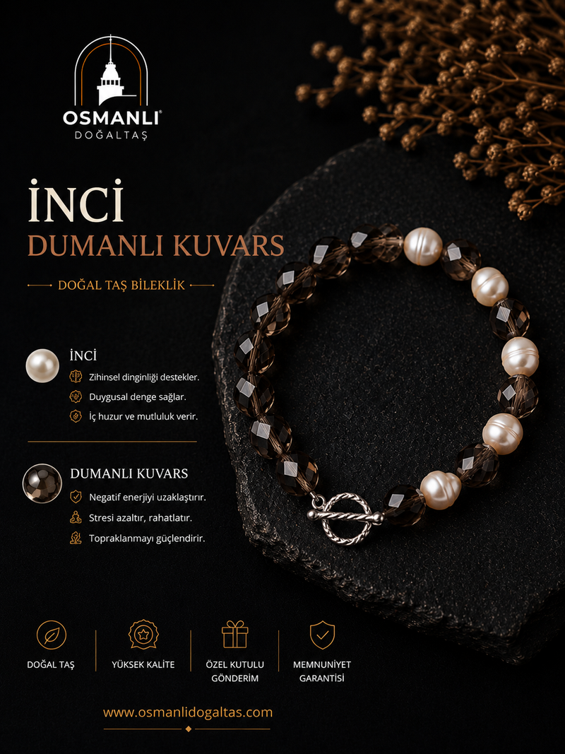 İnci - Dumanlı Kuvars Doğal Taş Gümüş Kapama Bileklik