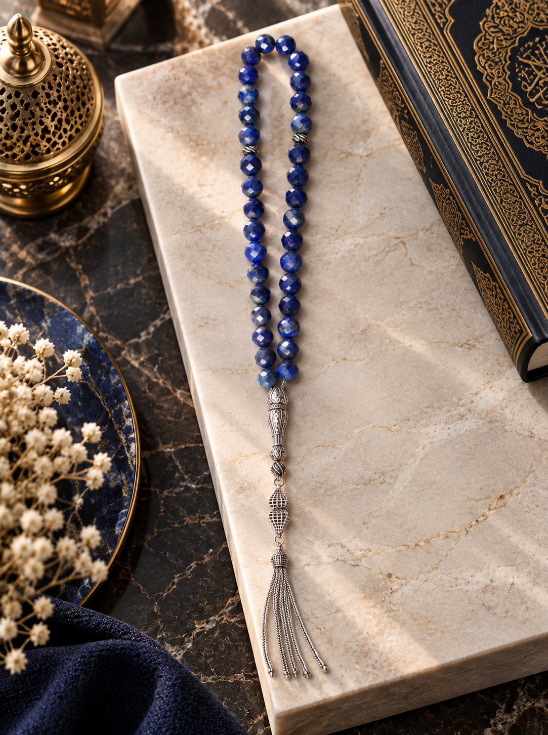 Lapis Lazuli Doğal Taş 925 Ayar Gümüş Püsküllü Tesbih 8 mm Faset Kesim