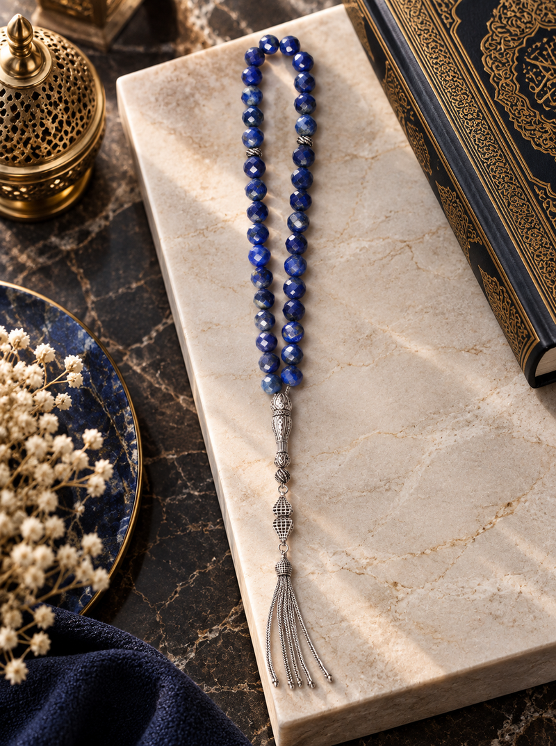 Lapis Lazuli Doğal Taş 925 Ayar Gümüş Püsküllü Tesbih 8 mm Faset Kesim