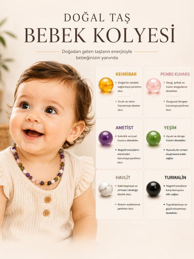 Sertifikalı Kehribar-turmalin-ametist-havlit-yeşim-pembe Kuvars-bebek Kolyesi M203