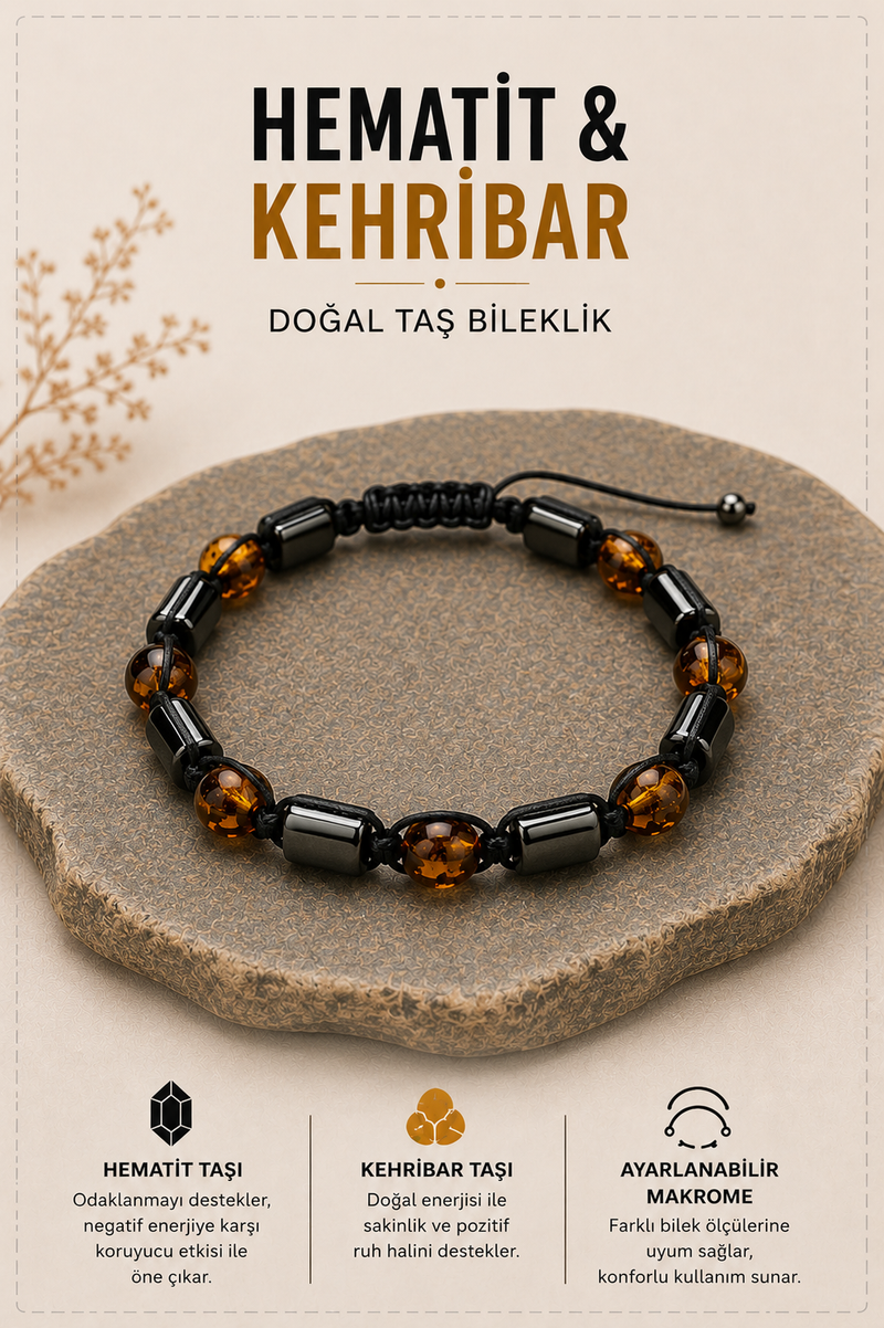 Hematit & Kehribar Doğal Taş Bileklik