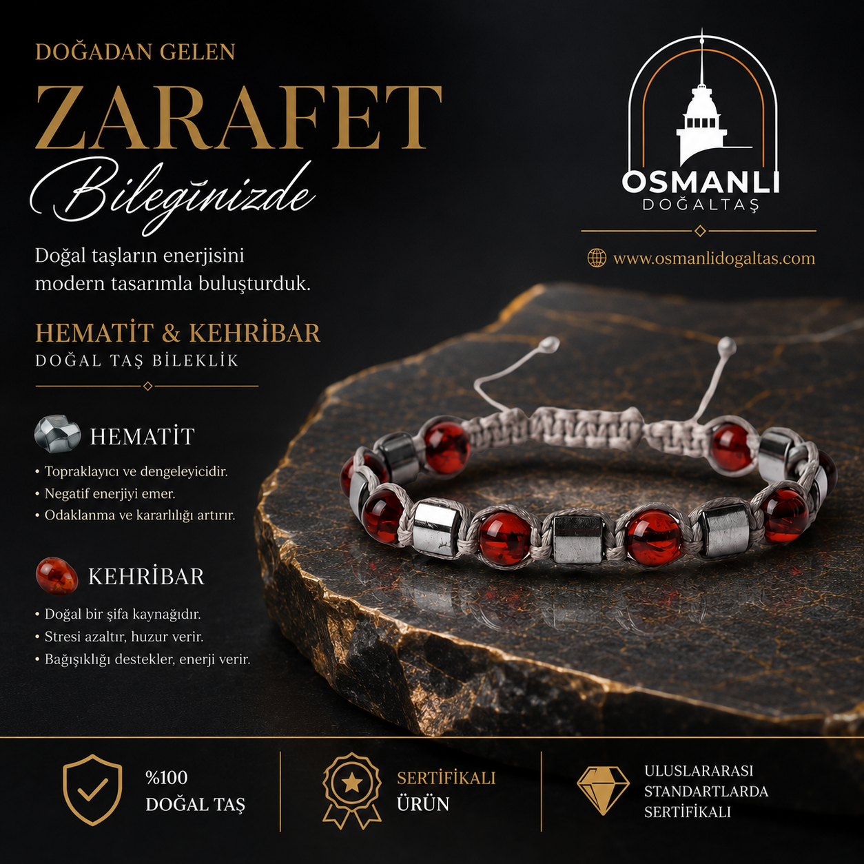 Kehribar - Hematit Doğal Taş Makrome Bileklik - Özel Tasarım 2