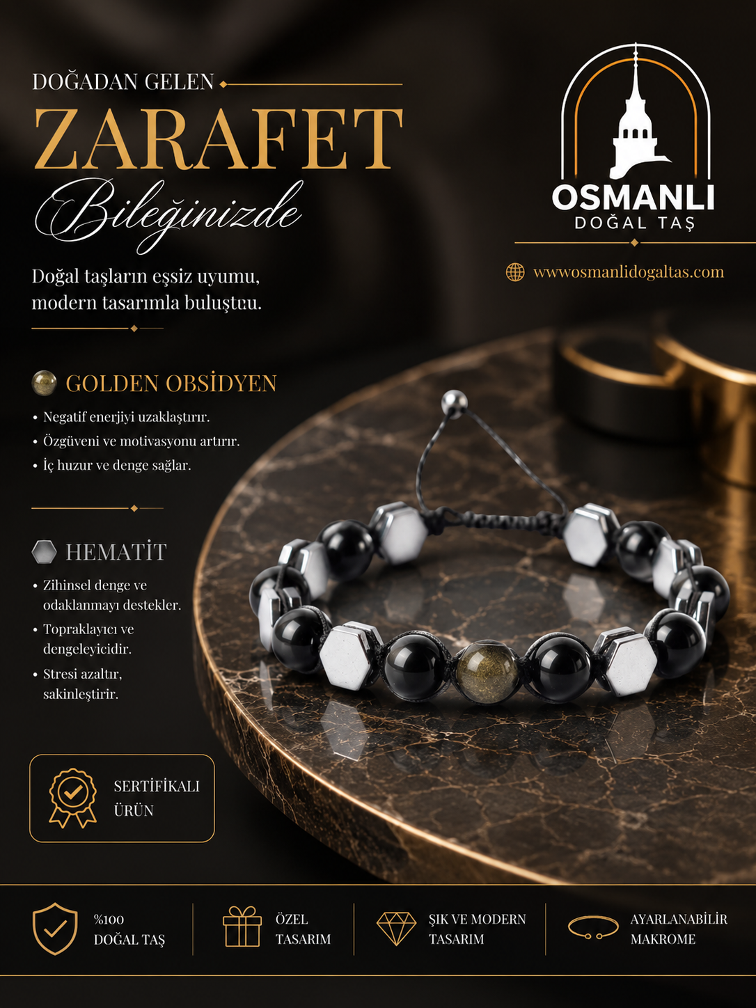 Golden Obsidyen - Hematit Doğal Taş Makrome Bileklik - Özel Tasarım