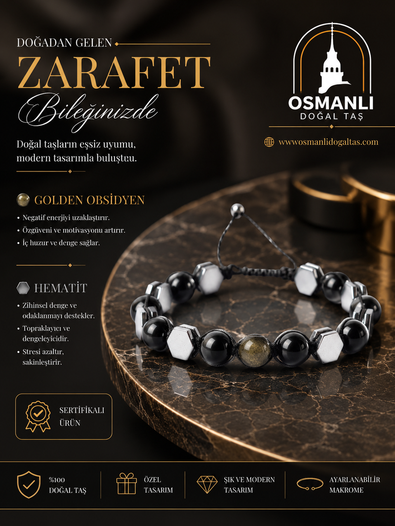 Golden Obsidyen - Hematit Doğal Taş Makrome Bileklik - Özel Tasarım