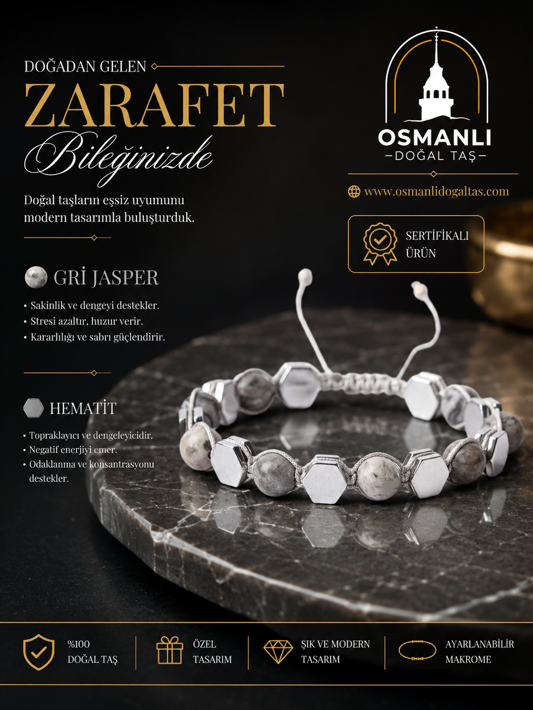 Gri Jasper - Hematit Doğal Taş Makrome Bileklik