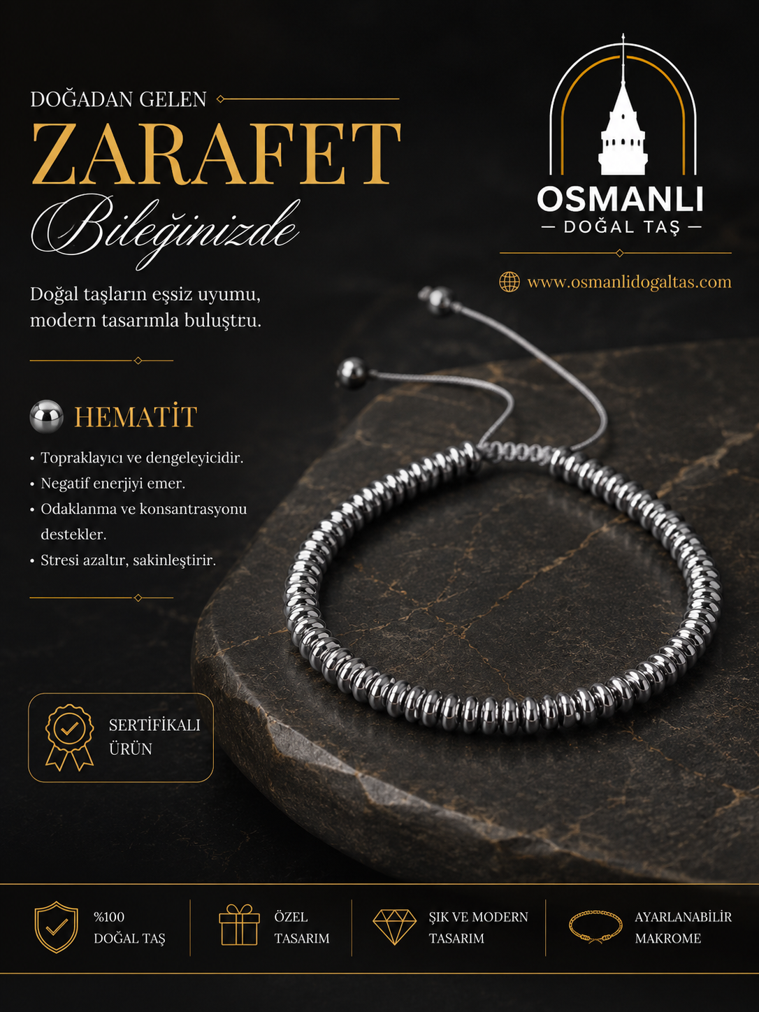 Hematit Doğal Taş Makrome Bileklik