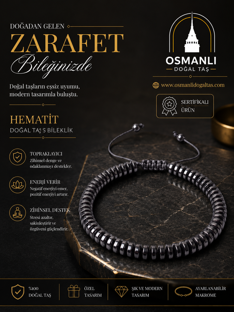 Hematit Doğal Taş Makrome Bileklik - Seri 2