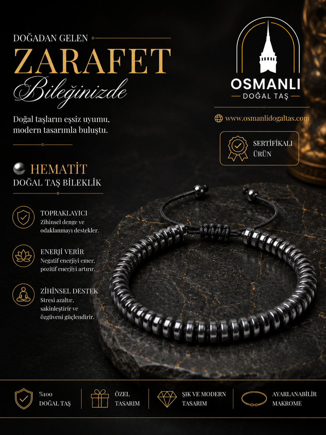 Hematit Doğal Taş Makrome Bileklik - Seri 3