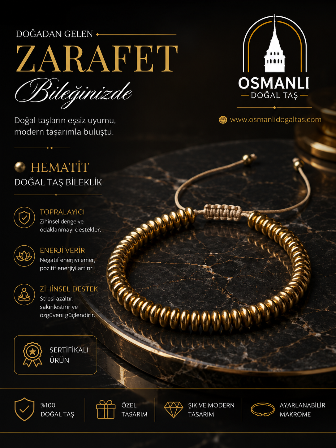 Hematit Doğal Taş Makrome Bileklik - Seri 4