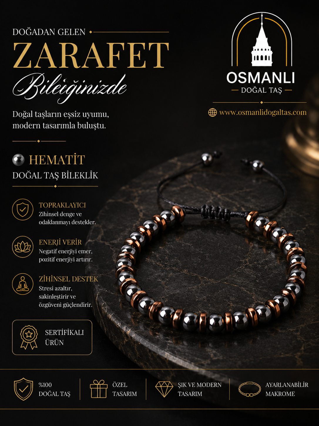 Hematit Doğal Taş Makrome Bileklik - Seri 5