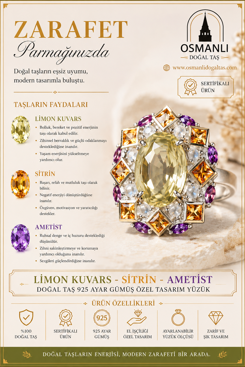 Limon Kuvars - Sitrin - Ametist Doğal Taş 925 Ayar Gümüş Özel Tasarım Yüzük