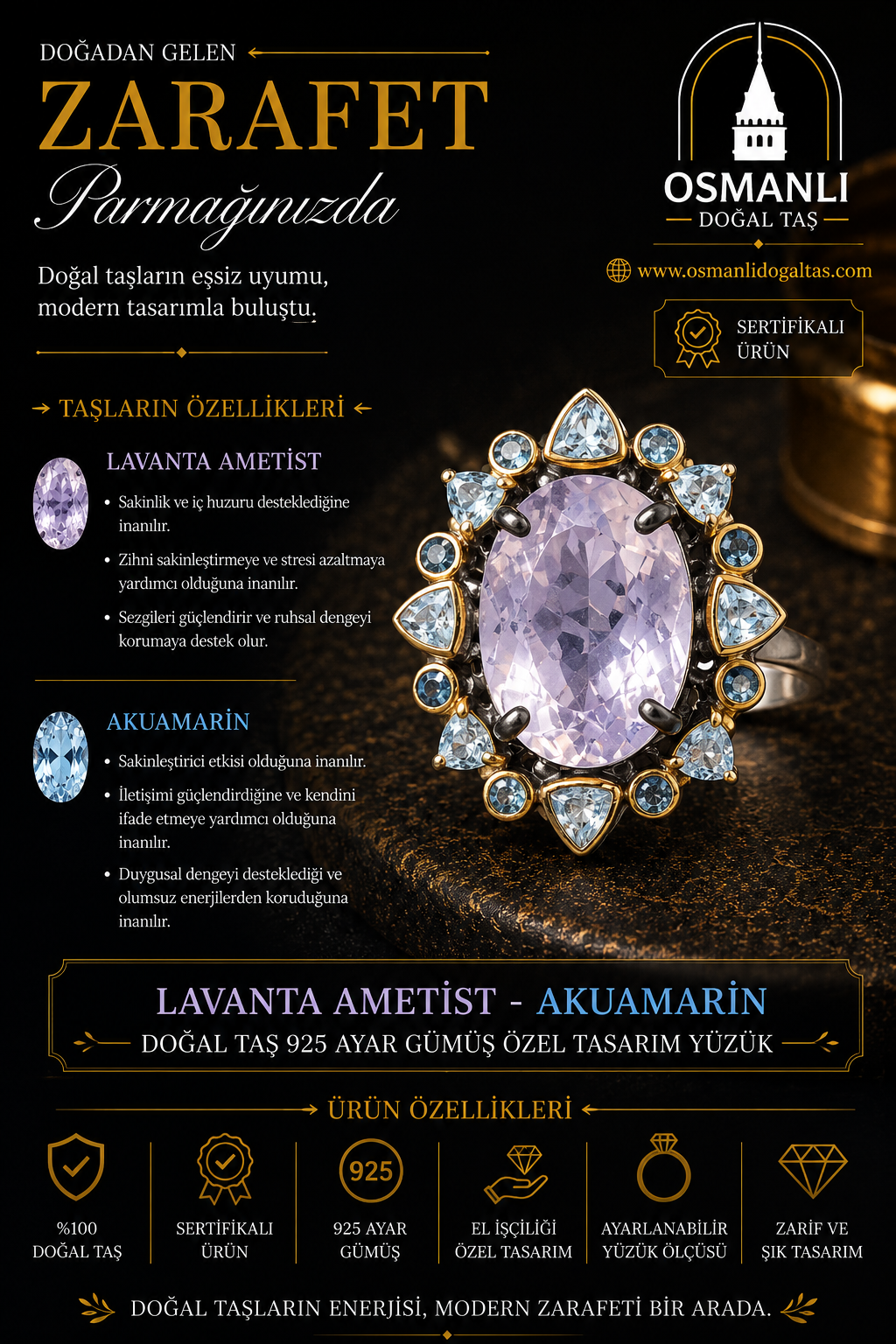 Lavanta Ametist - Akuamarin Doğal Taş 925 Ayar Gümüş Özel Tasarım Yüzük