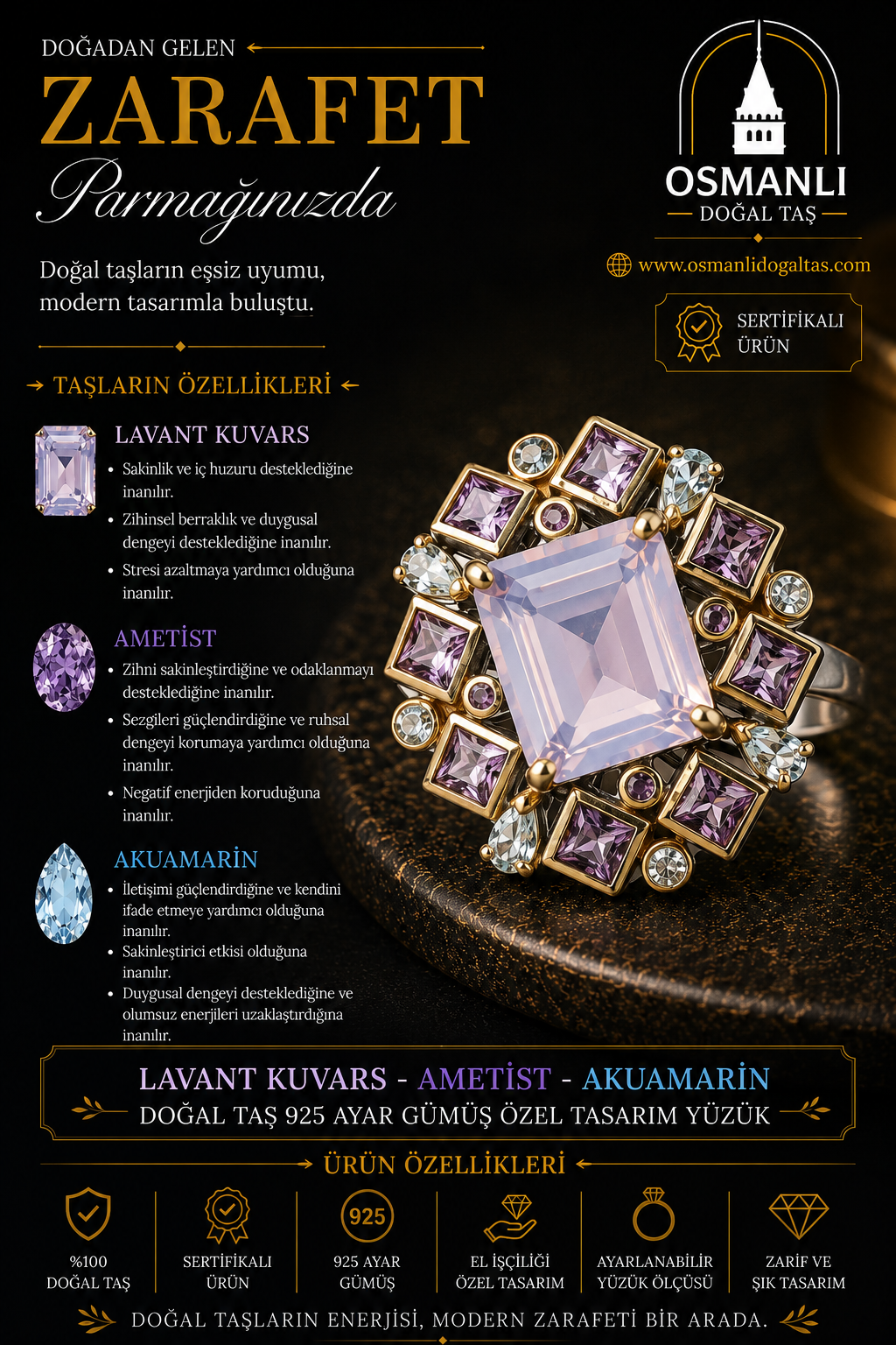 Lavant Kuvars - Ametist - Akuamarin Doğal Taş 925 Ayar Gümüş Özel Tasarım Yüzük