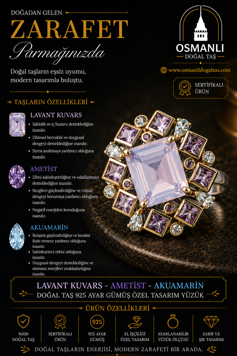 Lavant Kuvars - Ametist - Akuamarin Doğal Taş 925 Ayar Gümüş Özel Tasarım Yüzük