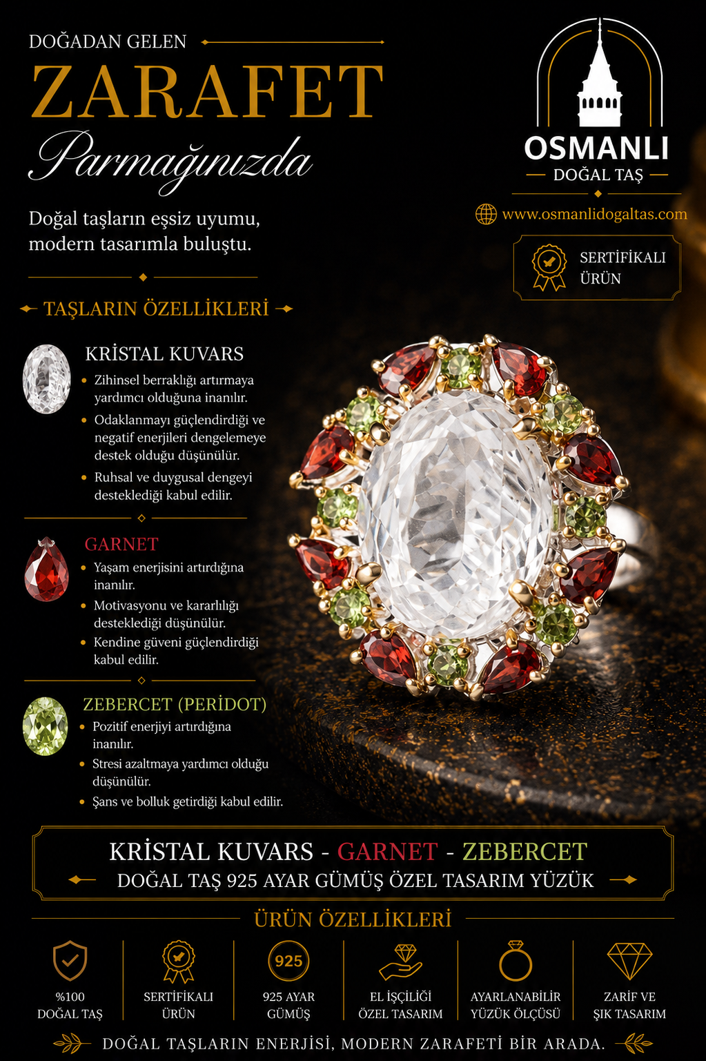 Kristal Kuvars - Garnet - Zebercet Doğal Taş 925 Ayar Gümüş Özel Tasarım Yüzük