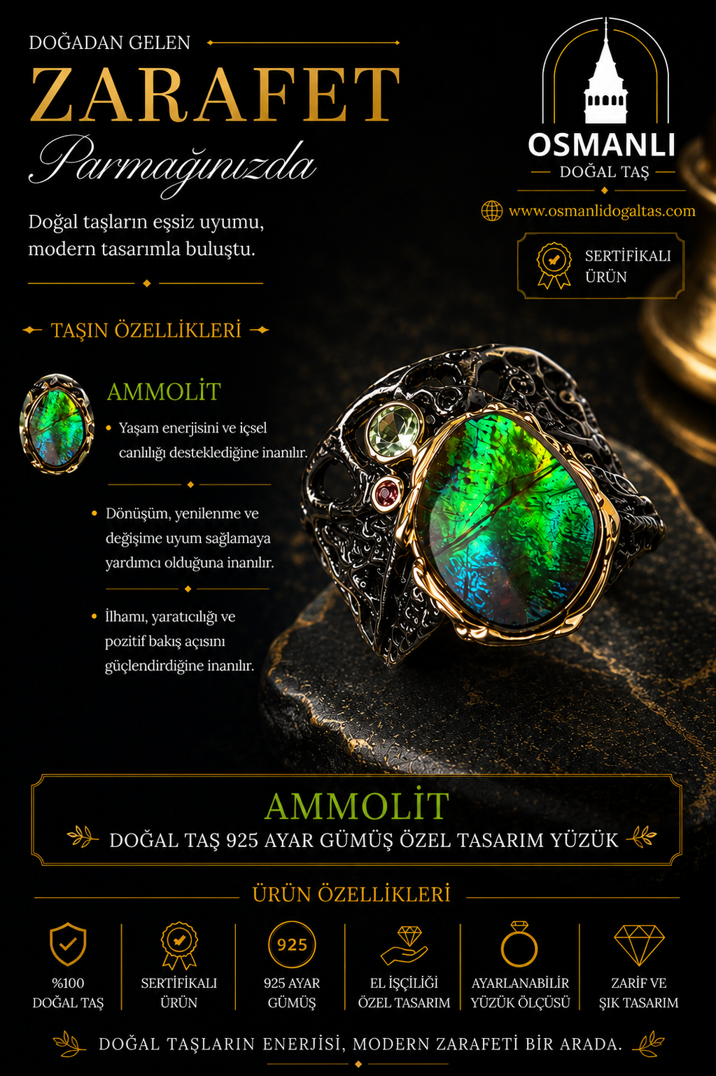 Ammolit Doğal Taş 925 Ayar Gümüş Özel Tasarım Yüzük