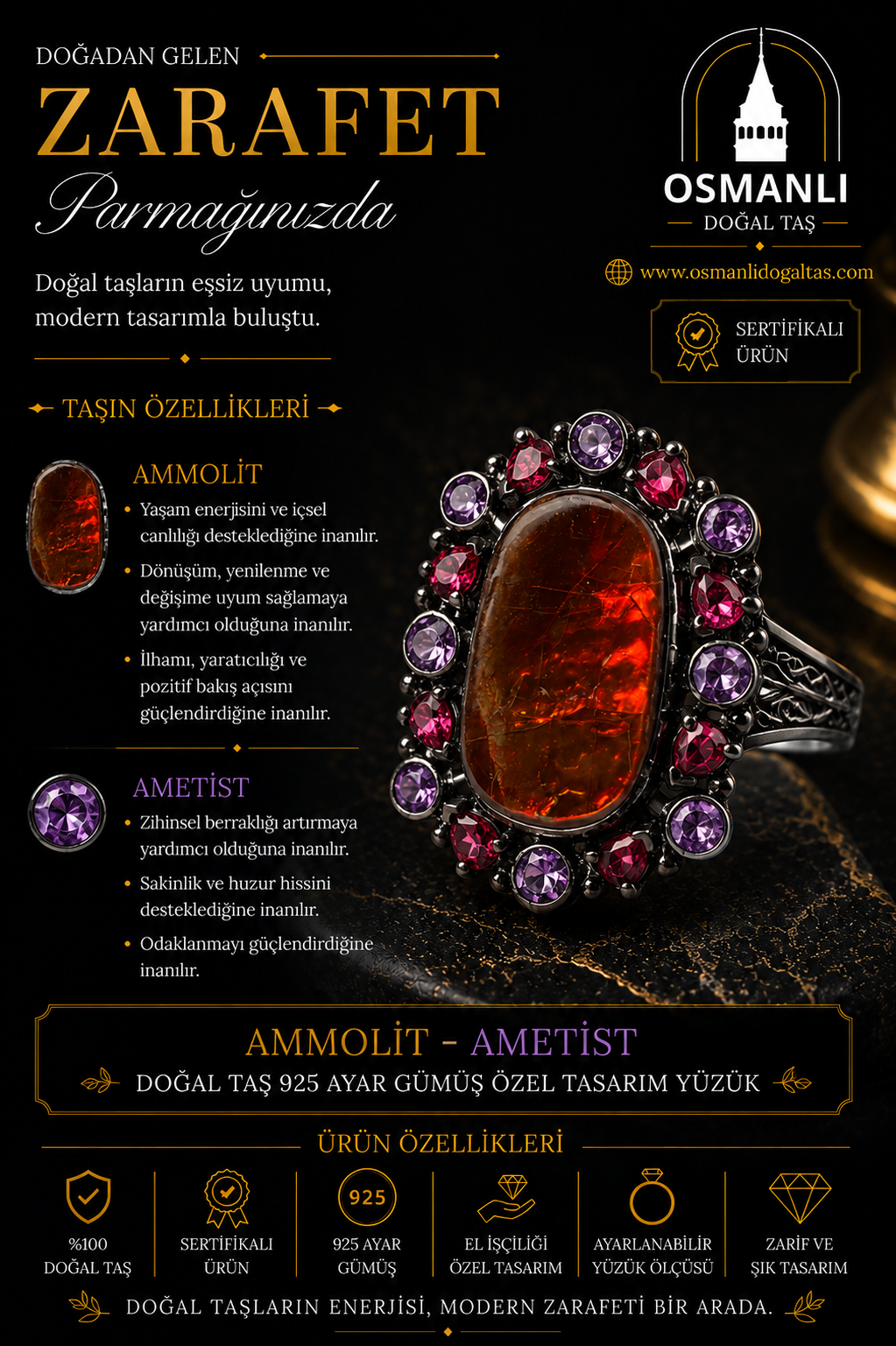 Ammolit - Ametist Doğal Taş 925 Ayar Gümüş Özel Tasarım Yüzük