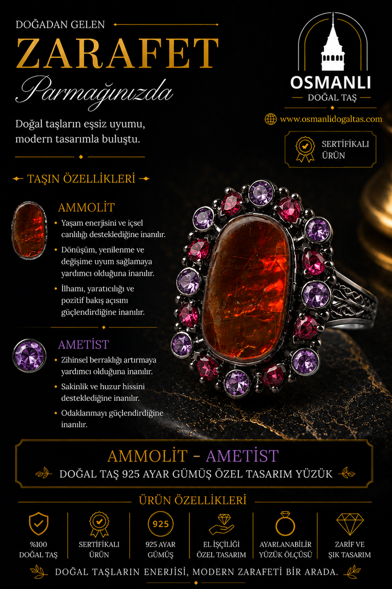 Ammolit - Ametist Doğal Taş 925 Ayar Gümüş Özel Tasarım Yüzük