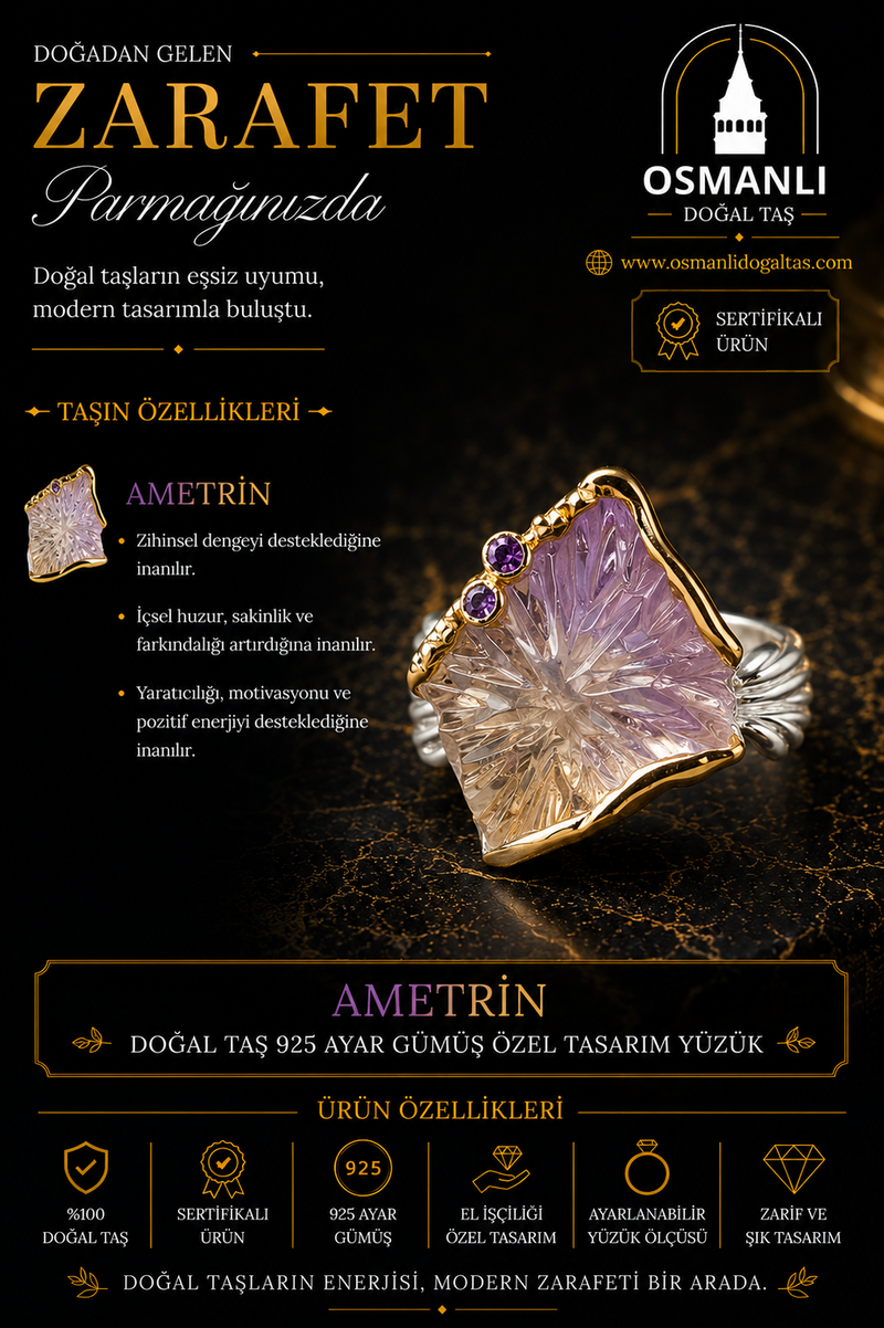 Ametrin Doğal Taş 925 Ayar Gümüş Özel Tasarım Yüzük