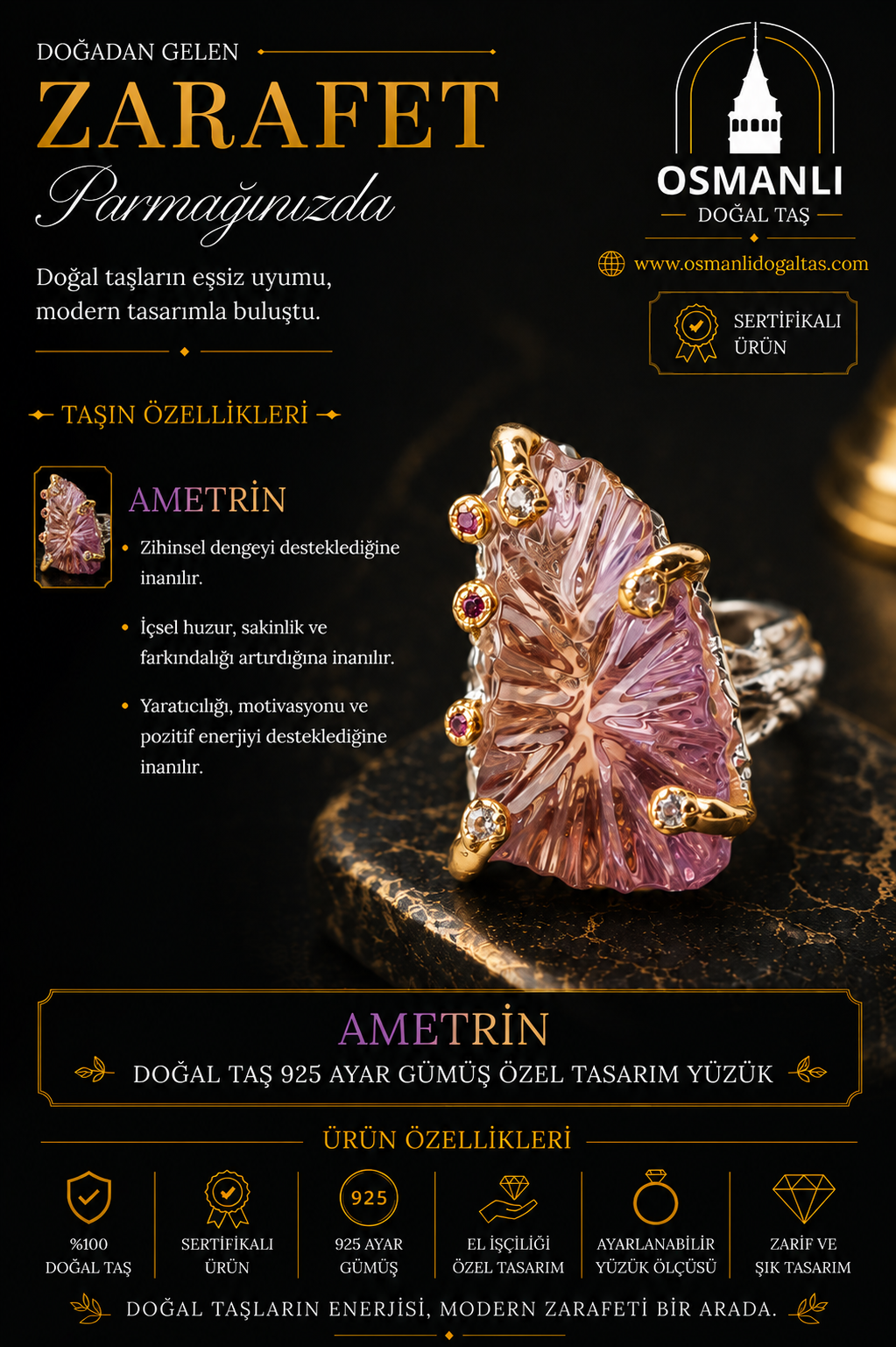 Ametrin Doğal Taş 925 Ayar Gümüş Özel Tasarım Yüzük