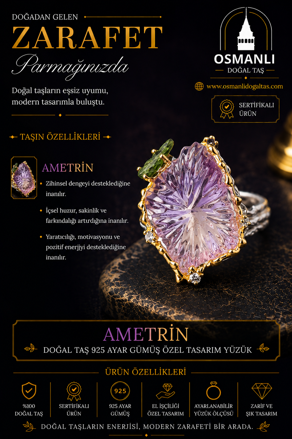 Ametrin Doğal Taş 925 Ayar Gümüş Özel Tasarım Yüzük