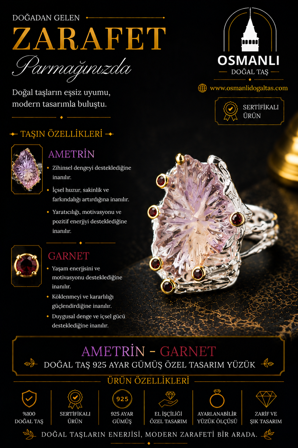 Ametrin - Garnet Doğal Taş 925 Ayar Gümüş Özel Tasarım Yüzük