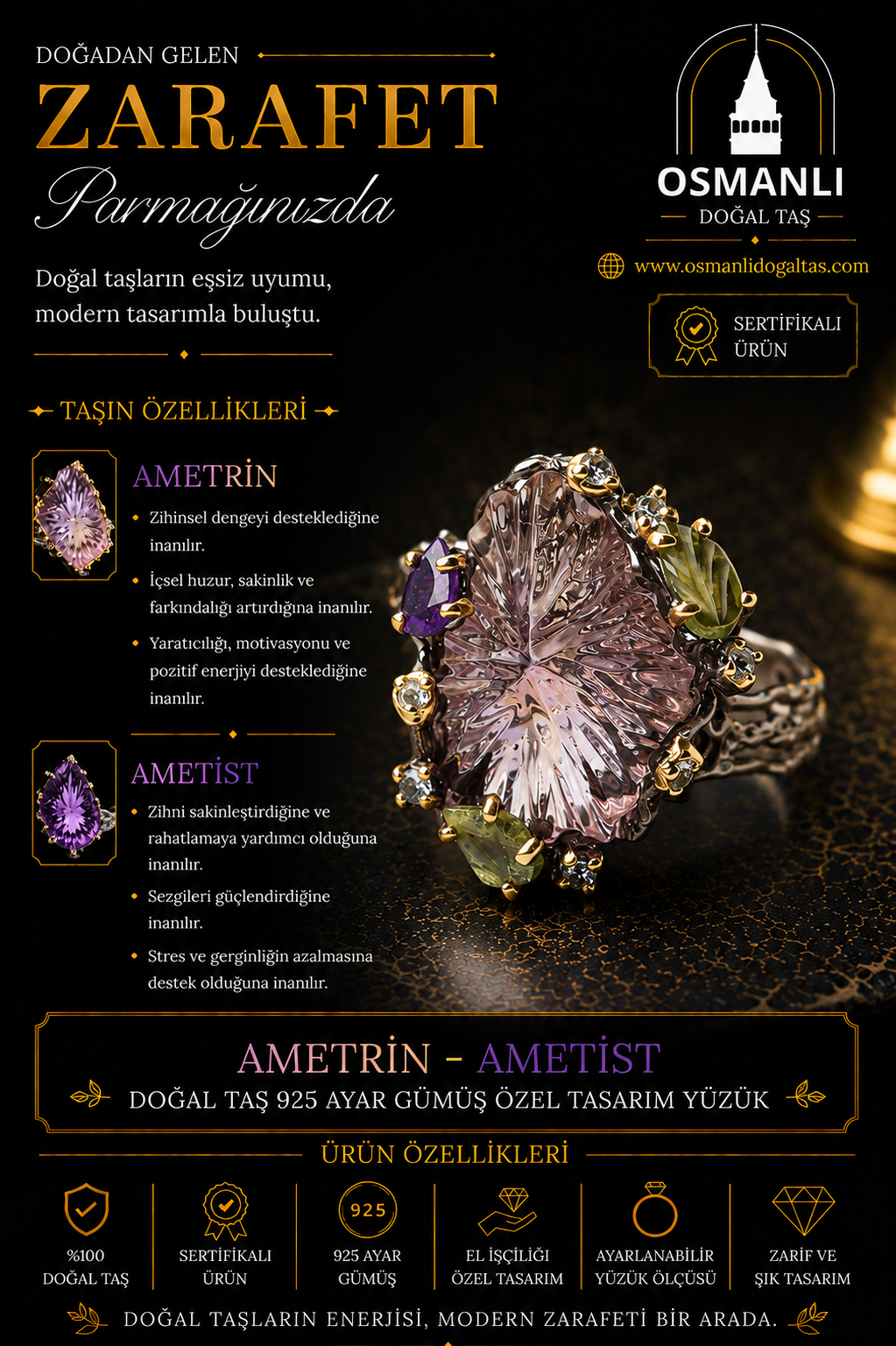 Ametrin - Ametist Doğal Taş 925 Ayar Gümüş Özel Tasarım Yüzük