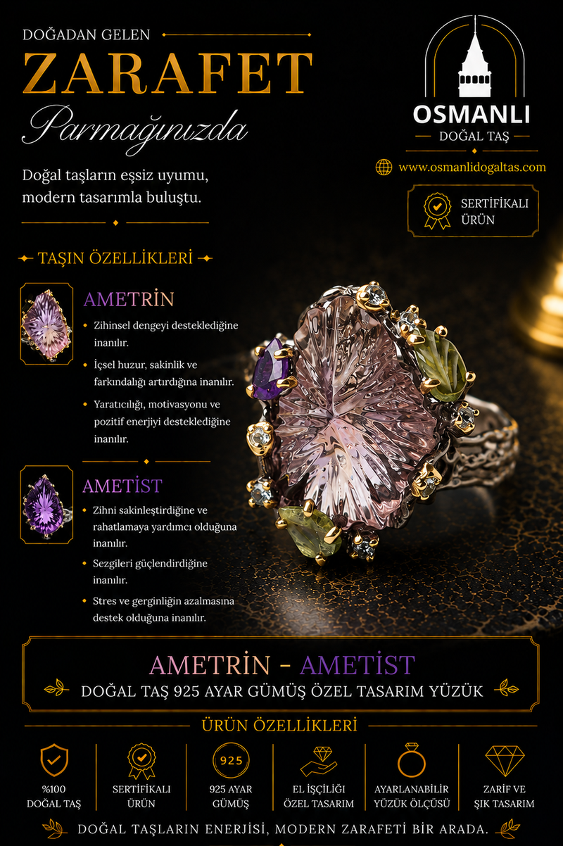 Ametrin - Ametist Doğal Taş 925 Ayar Gümüş Özel Tasarım Yüzük