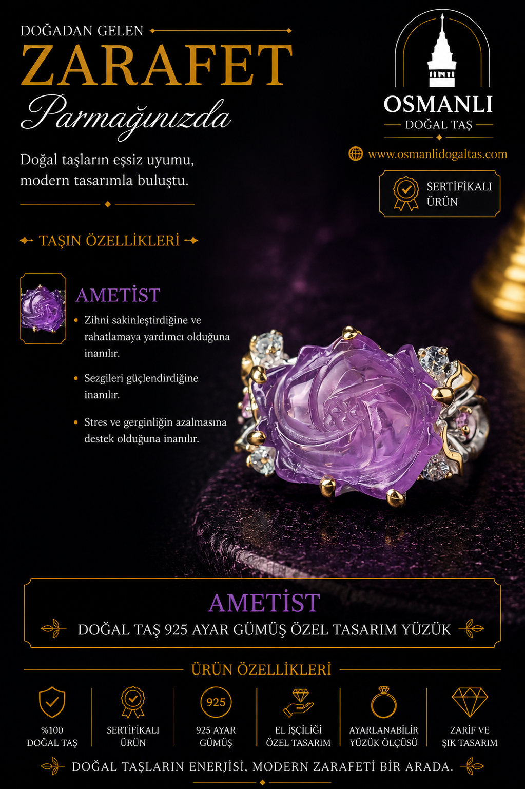 Ametist Doğal Taş 925 Ayar Gümüş Özel Tasarım Yüzük