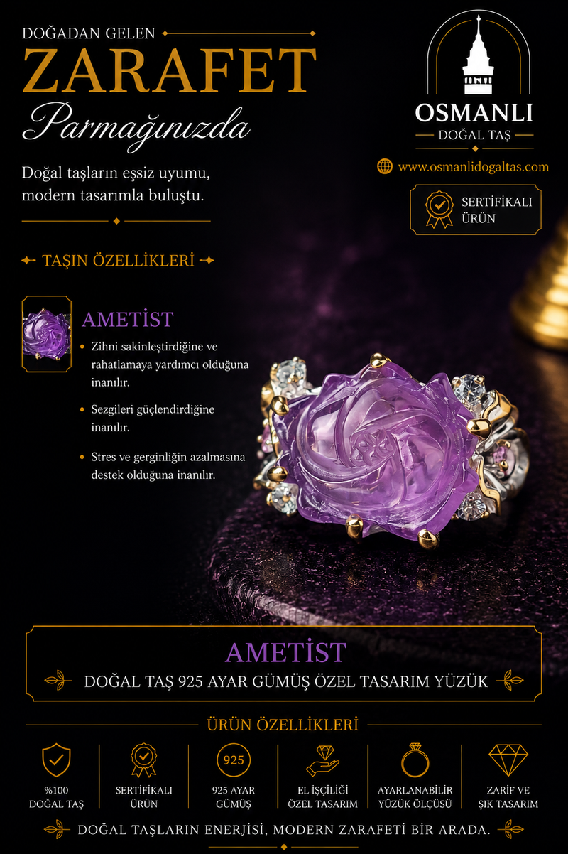 Ametist Doğal Taş 925 Ayar Gümüş Özel Tasarım Yüzük