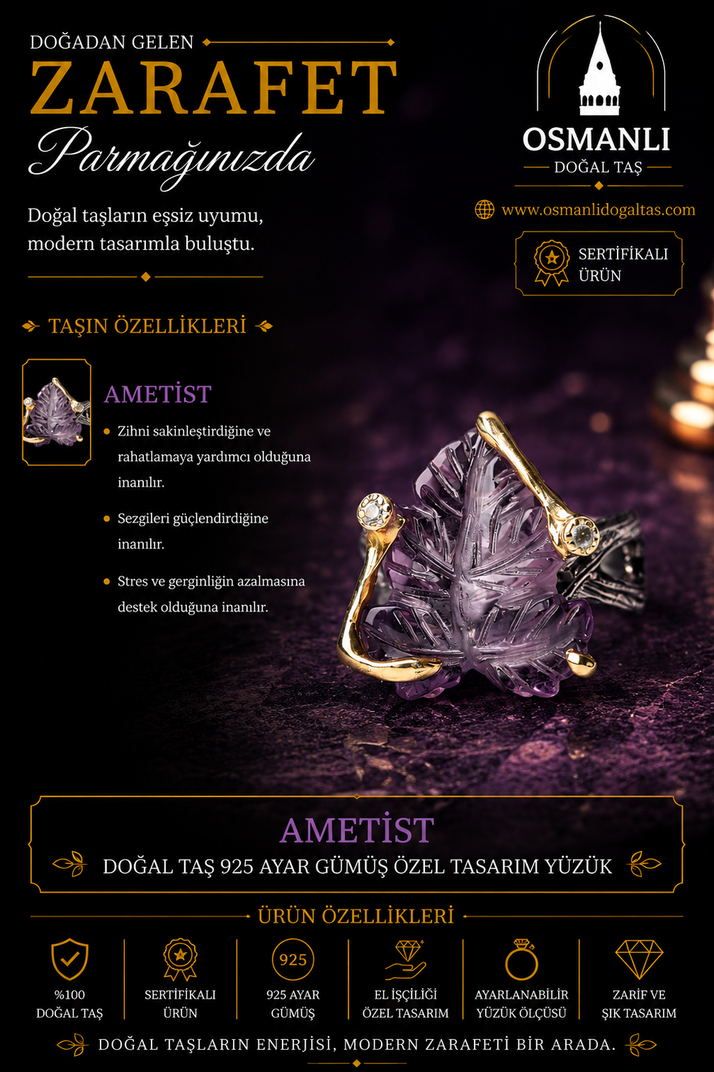 Ametist Doğal Taş 925 Ayar Gümüş Özel Tasarım Yüzük