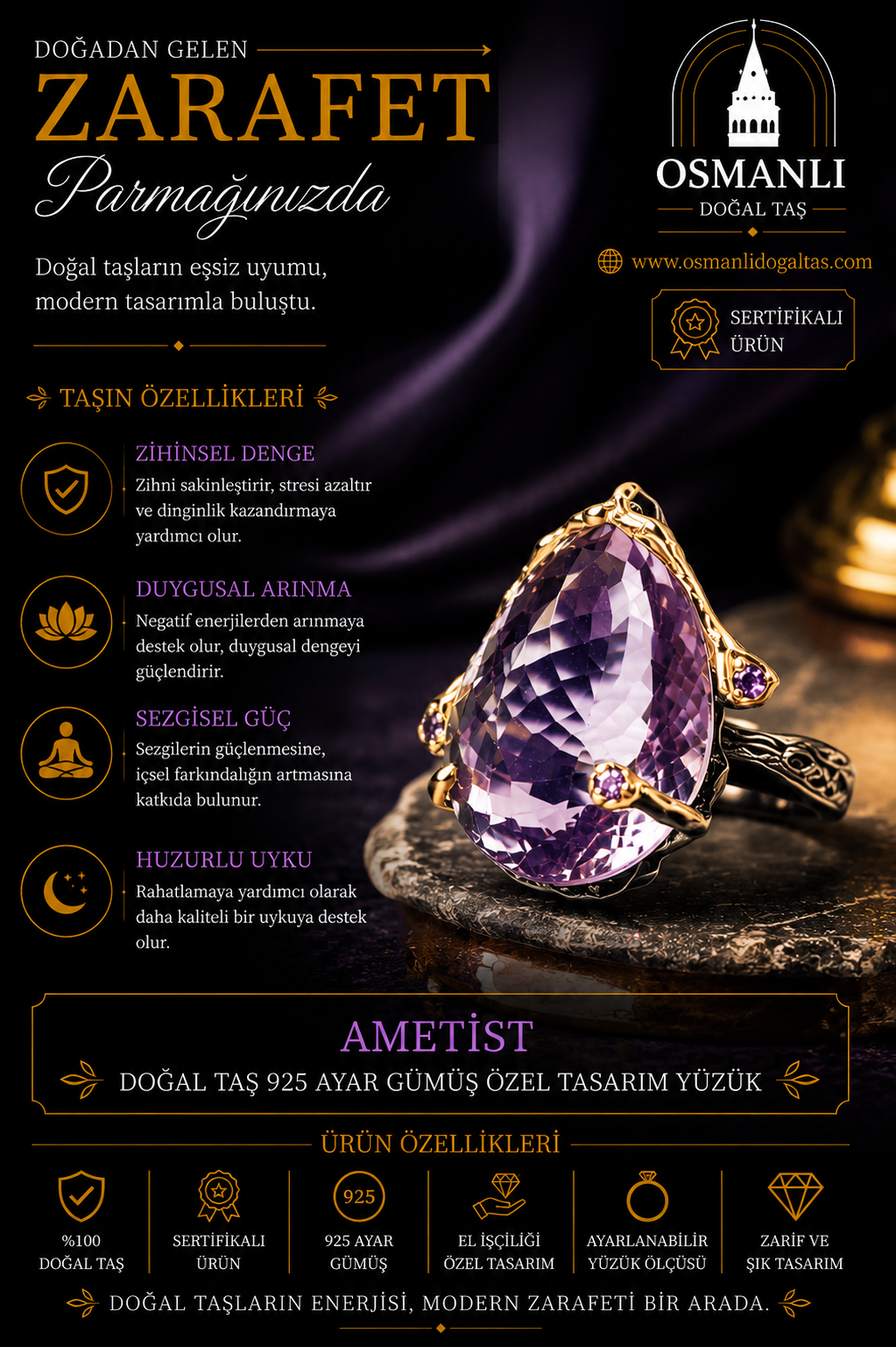 Ametist Doğal Taş 925 Ayar Gümüş Özel Tasarım Yüzük