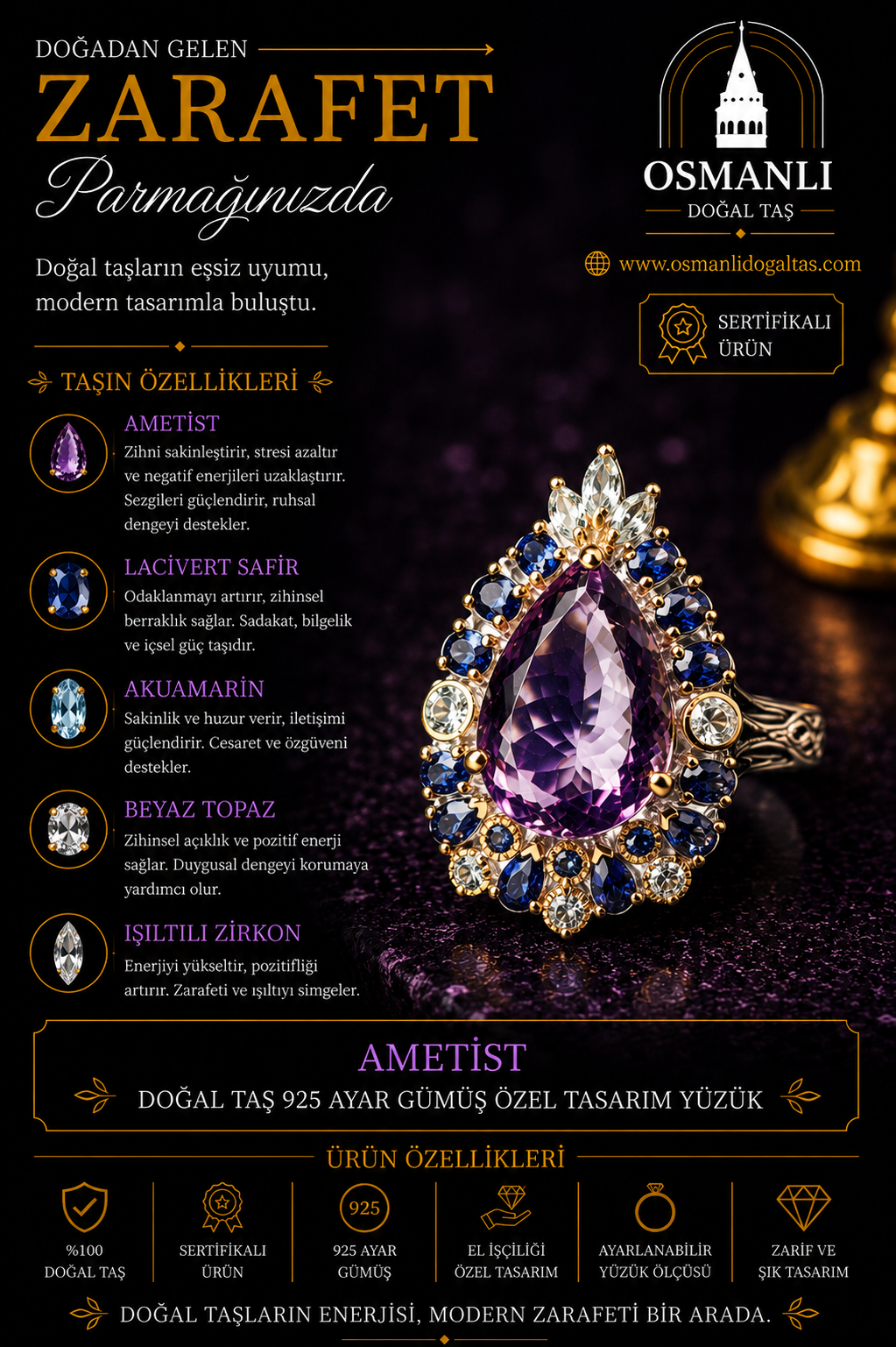 Ametist Doğal Taş 925 Ayar Gümüş Özel Tasarım Yüzük
