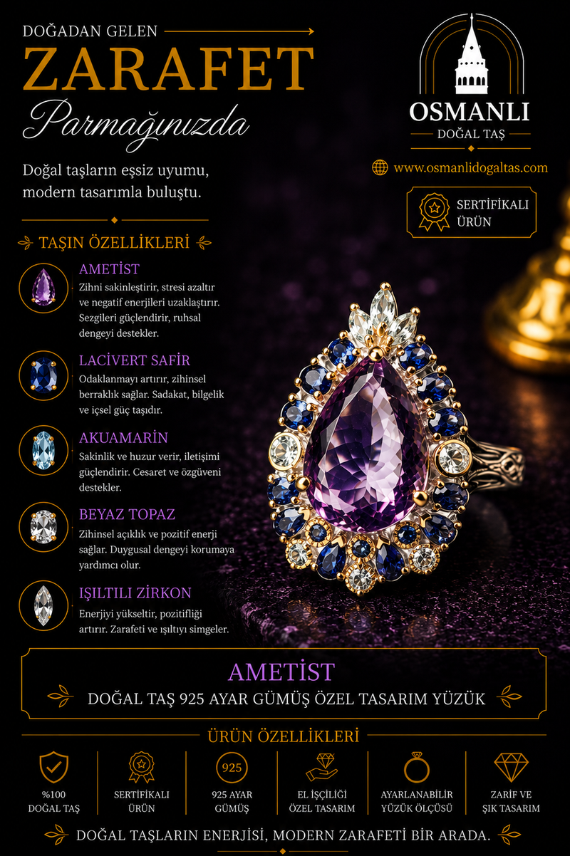Ametist Doğal Taş 925 Ayar Gümüş Özel Tasarım Yüzük