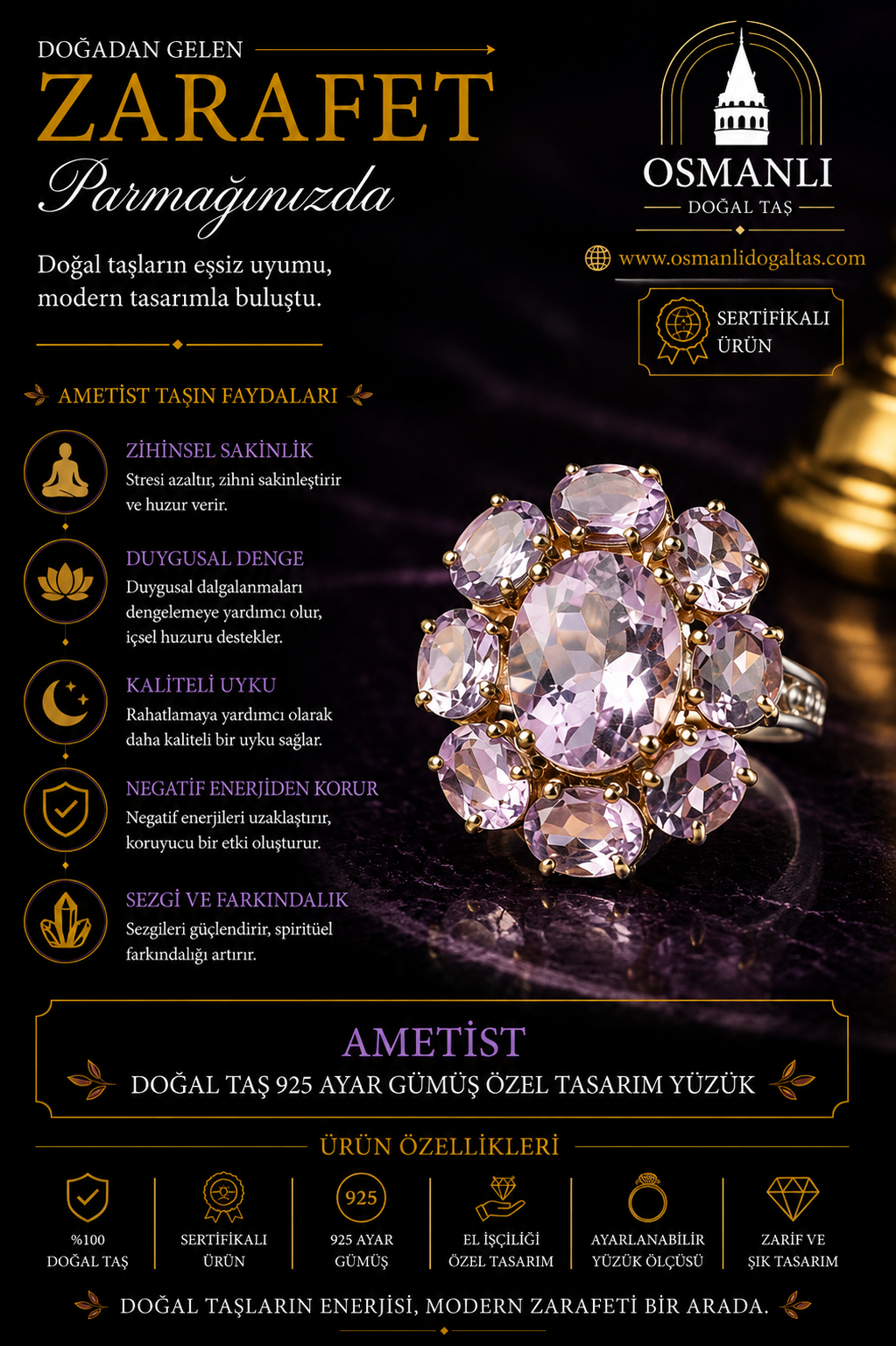 Ametist Doğal Taş 925 Ayar Gümüş Özel Tasarım Yüzük
