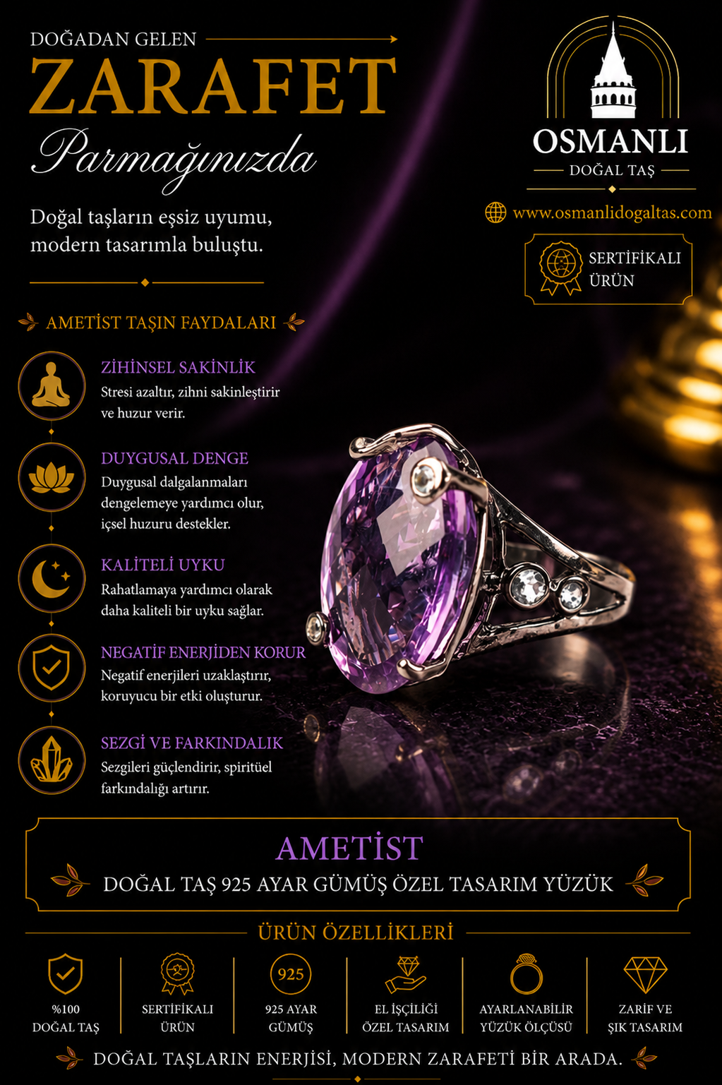 Ametist Doğal Taş 925 Ayar Gümüş Özel Tasarım Yüzük