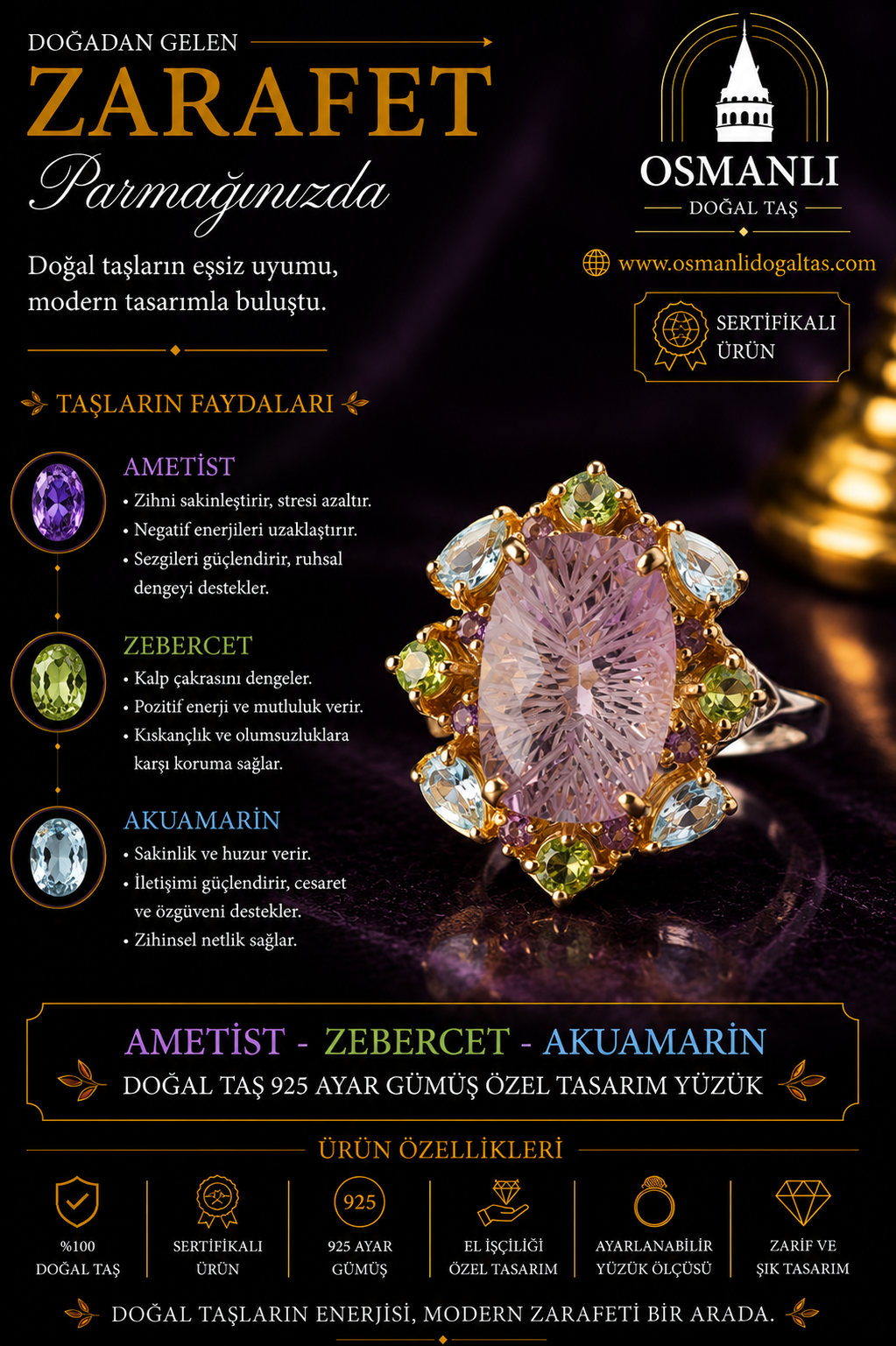 Ametist - Zebercet - Akuamarin Doğal Taş 925 Ayar Gümüş Özel Tasarım Yüzük