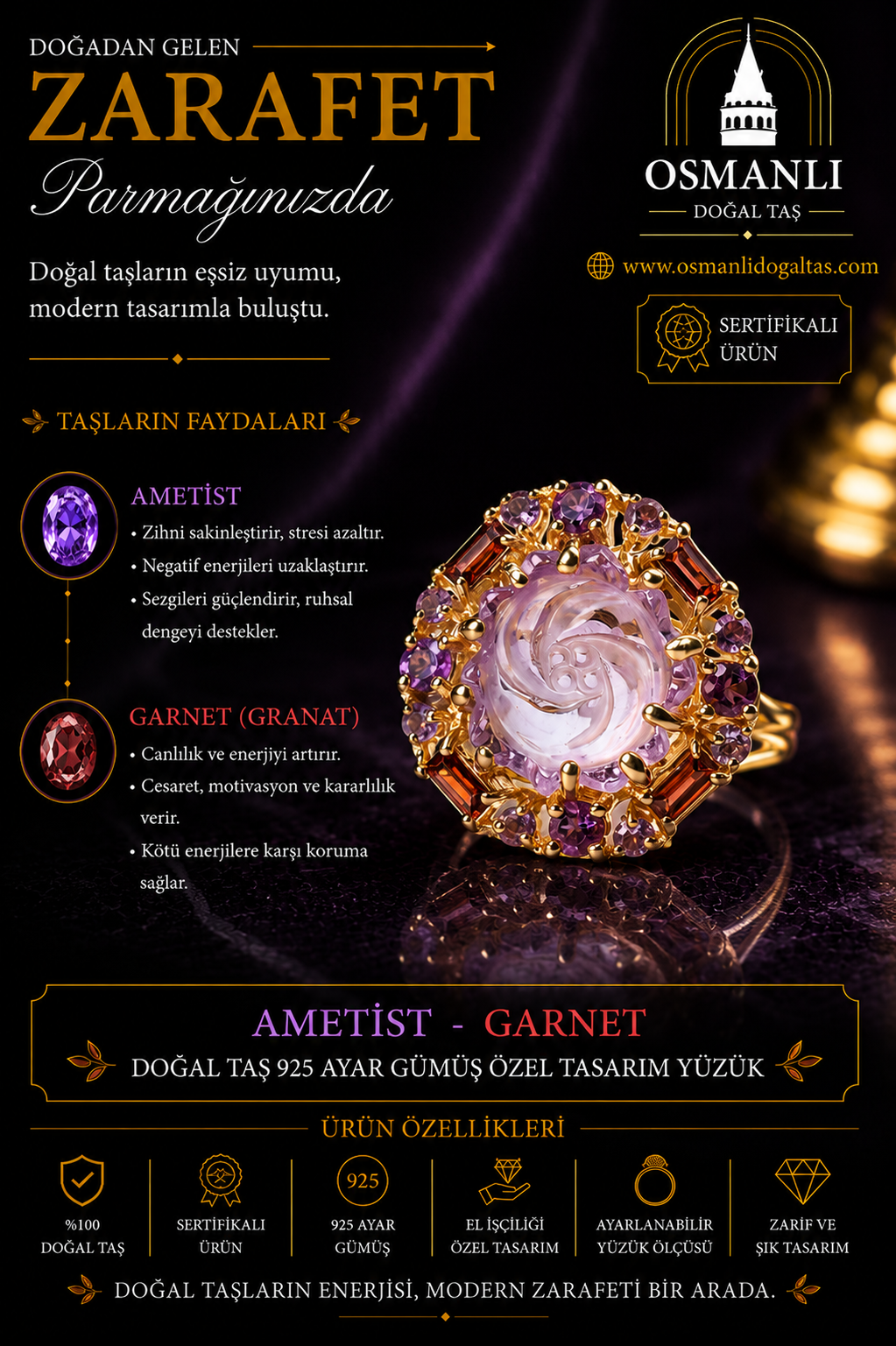 Ametist - Garnet Doğal Taş 925 Ayar Gümüş Özel Tasarım Yüzük