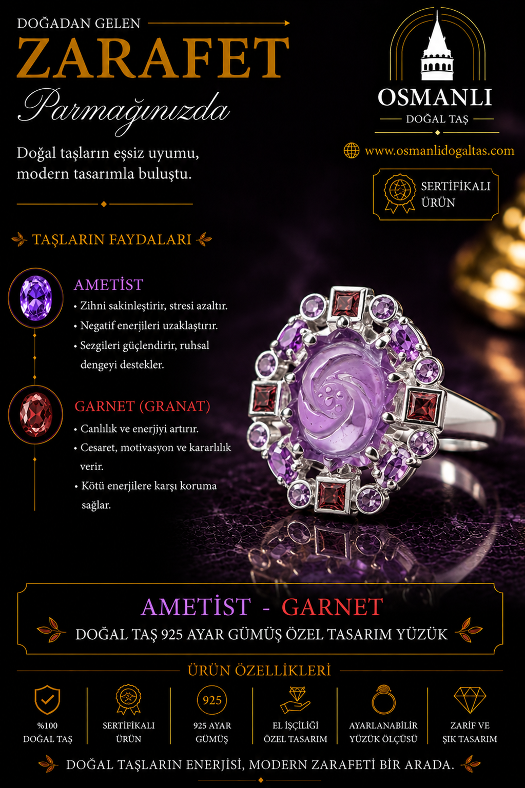 Ametist - Garnet Doğal Taş 925 Ayar Gümüş Özel Tasarım Yüzük