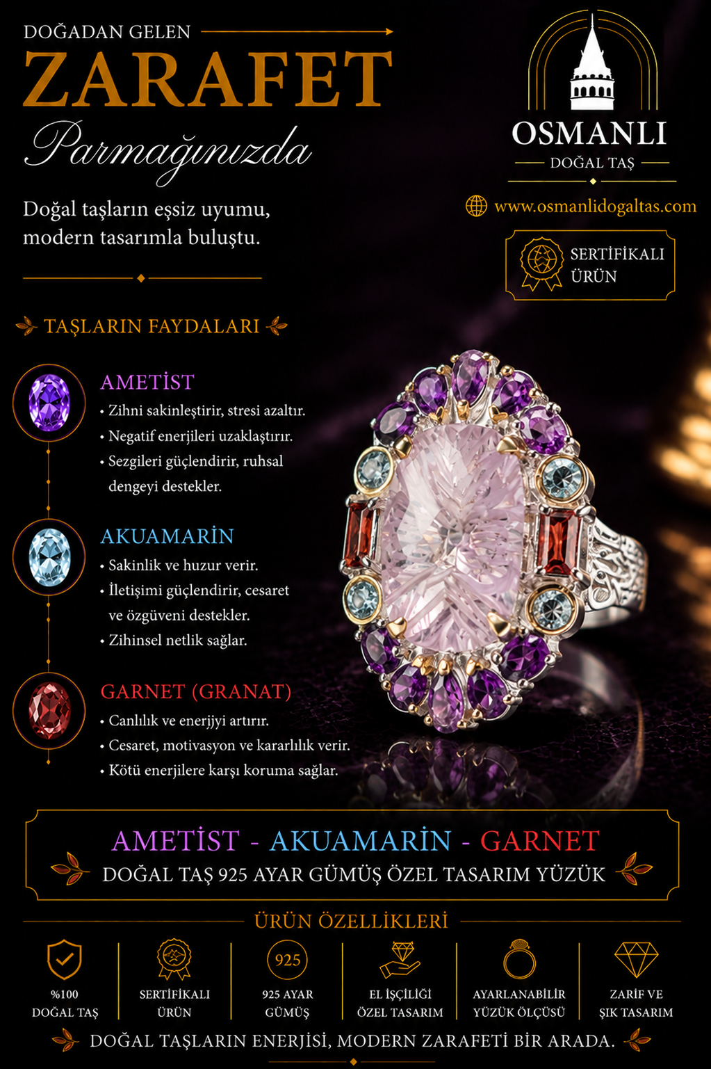 Ametist - Akuamarin - Garnet Doğal Taş 925 Ayar Gümüş Özel Tasarım Yüzük