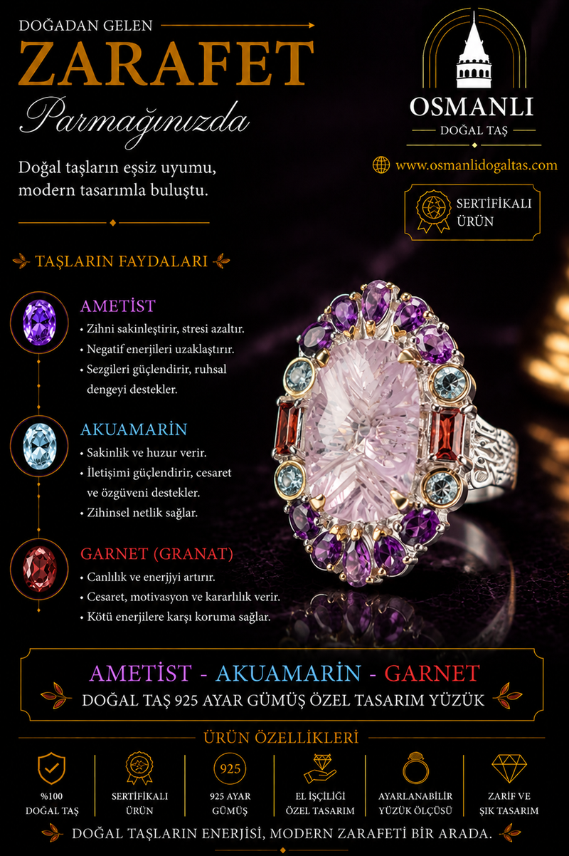 Ametist - Akuamarin - Garnet Doğal Taş 925 Ayar Gümüş Özel Tasarım Yüzük
