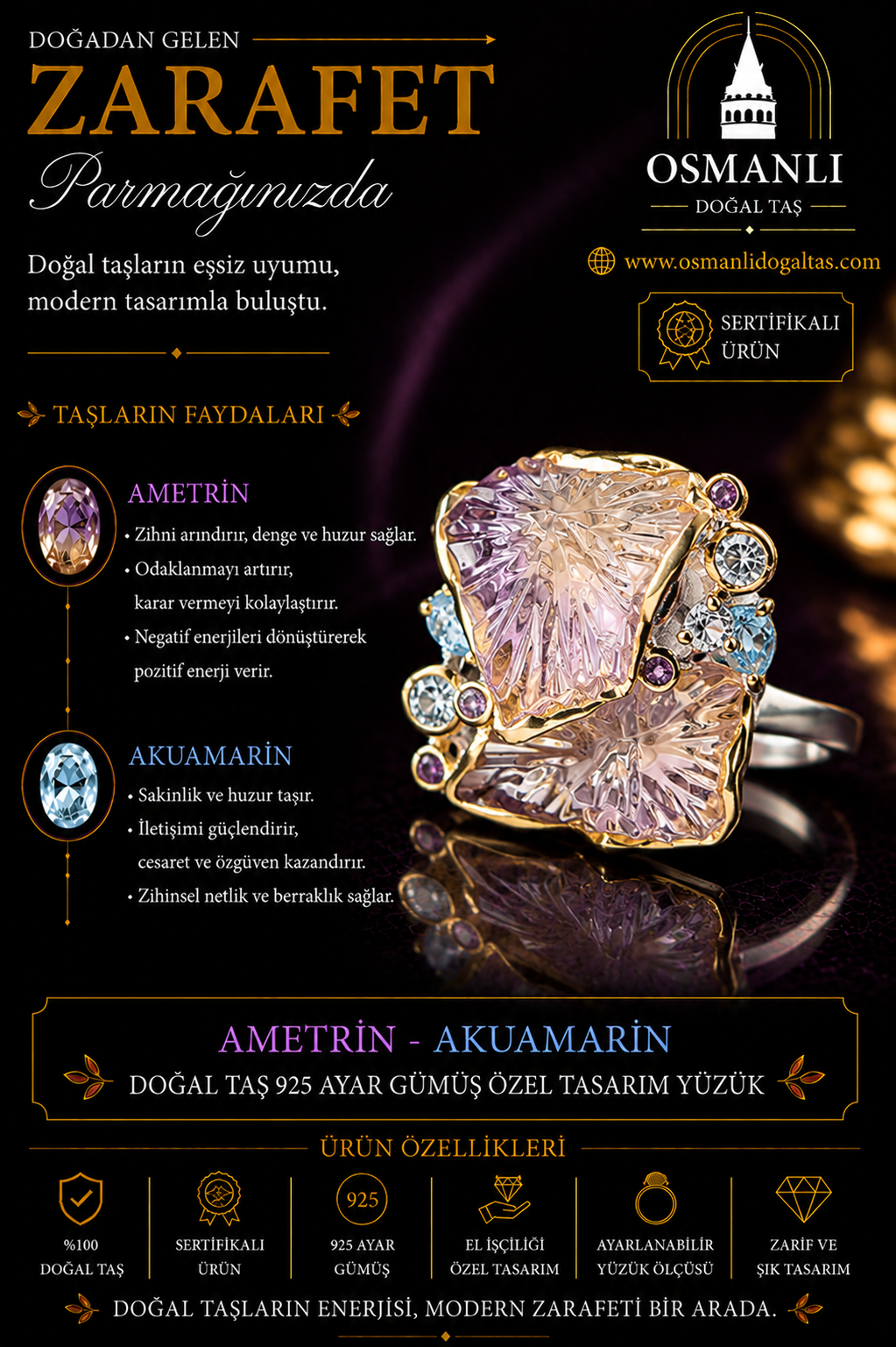 Ametrin - Akuamarin Doğal Taş 925 Ayar Gümüş Özel Tasarım Yüzük